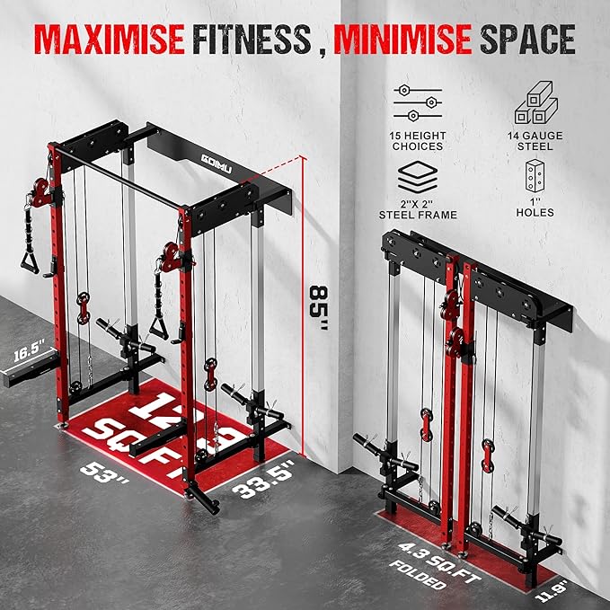 WM3-V4 Folding Squat Rack, Wall Mounted Power Rack with Dual Independent Pulley System, Functional Trainer with 5 Adjustable Function Modes for Space Saving