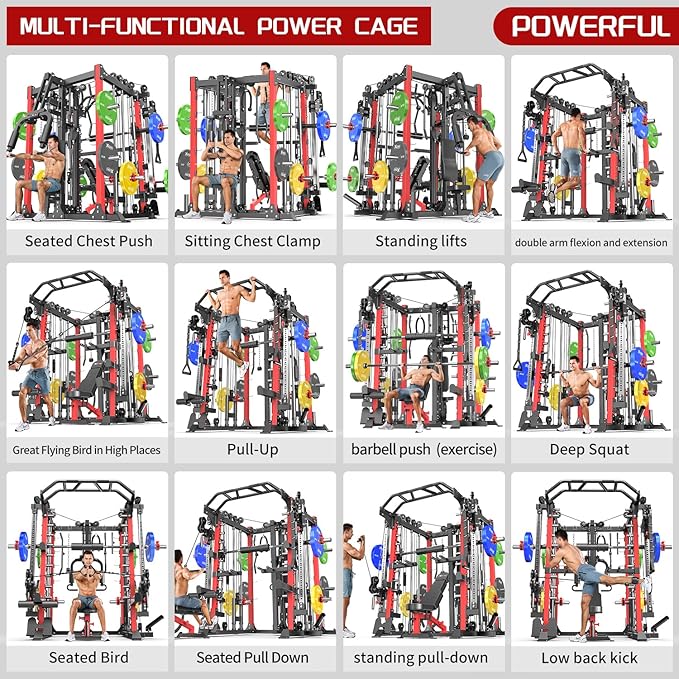Smith Machine with Cable Crossover System, Multi-Function Squat Rack Power Cage for Home Gym, Power Rack and Packages Weight Sets