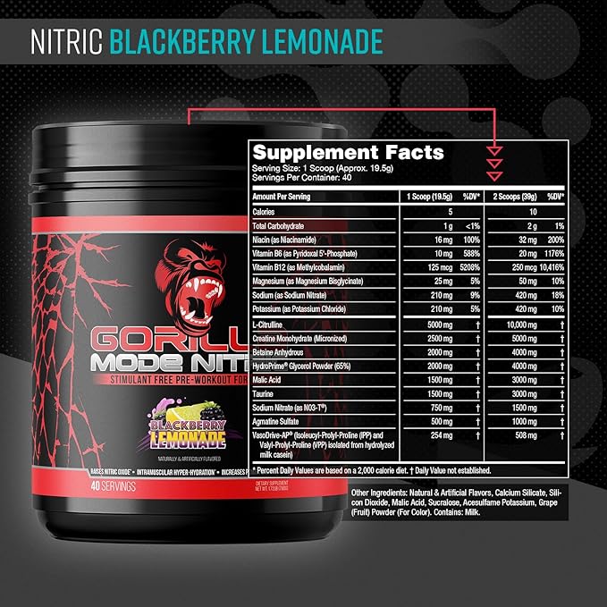 Gorilla Mind - Gorilla Mode Nitric Upgraded Stimulant Free Pre-Workout – Best Tasting & Most Effective Stimulant Free Pre-Workout/Massive Pump · Vasodilation · Power / 780 Grams (BlackBerry Lemonade)