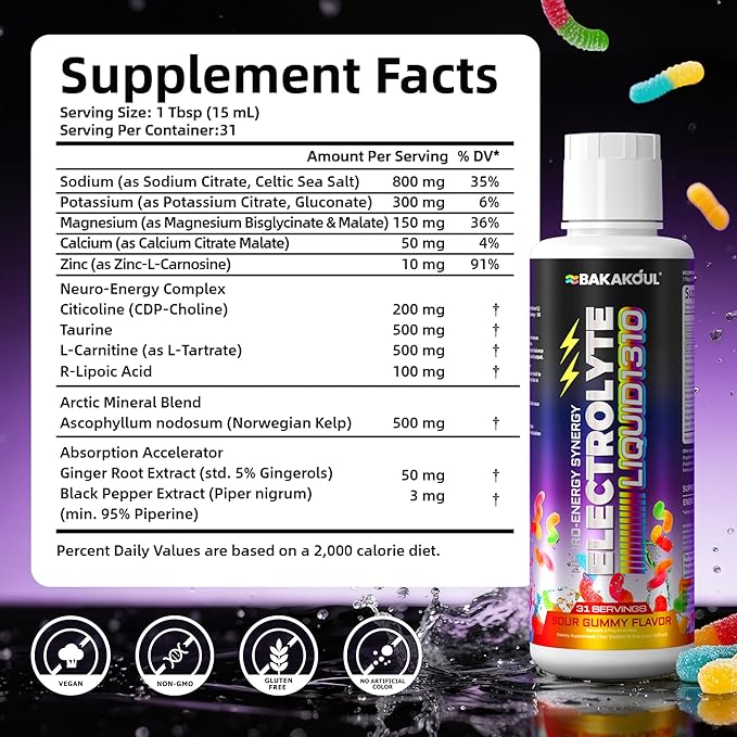 Ultra Electrolyte Liquid & Neuro Hydration, add L Carnitine Supplement Liquid, 1310 mg 5 Electrolytes with Citicoline for Cognitive Support, Rapid Hydration, Arctic-Sourced Minerals, Sour Gummy Flavor