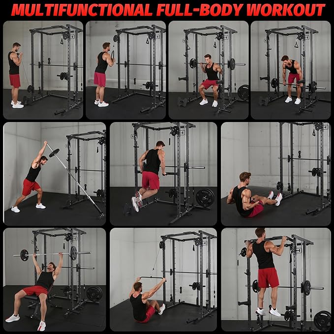 GarveeLife Power Cage, Smith Machine Squat Rack, Heavy Duty Power Rack for Home Gym with Pulley System, Dip Bar, LAT Pulldown, Multifunctional Squat Rack for Home Gym