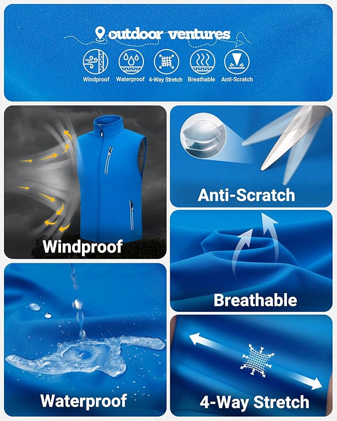 Outdoor Ventures Men's Windproof Softshell Vest Outerwear Lightweight Sleeveless Jacket for Running Golf Hiking Travel
