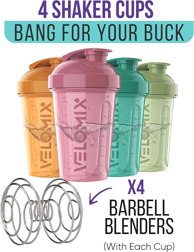 VELOMIX -4 PACK- 20 OZ Protein Shaker Bottles for Protein Mixes, Shaker Cups for Protein Shakes, Small Shaker Bottle Pack, Shaker Cup, Shakers for protein Shakes (Blush Wave)
