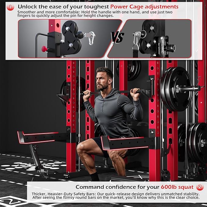 Power Squat Rack Cage Home Gym, 2000lbs All in One Dual Cable Crossover Machine with LAT Pulldown Strength Training Power Cages with Pulley Workout System, Garage Bench Press