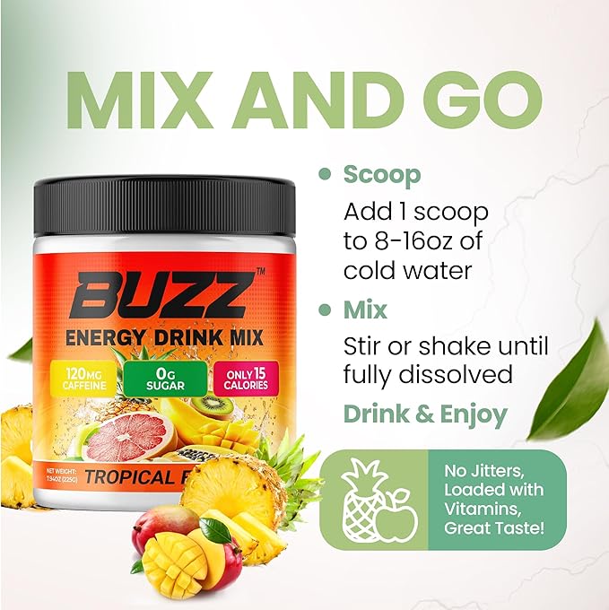Energy Drink Powder - Energy Boost Drink Mix - Sugar-Free Energy with Antioxidants - Morning Kickstart and Sports Nutrition Endurance Product - 30 Servings, 8 Ounces (Tropical Fusion)