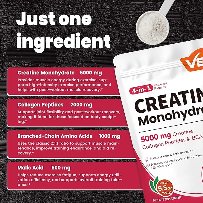 VEV Creatine Monohydrate for Women Powder 5000mg with Collagen & BCAAs 2:1:1 – Creatina para Mujeres, Supports Muscle Definition, Recovery & Energy – Unflavored, Sugar-Free, 9.5oz, 30 Servings