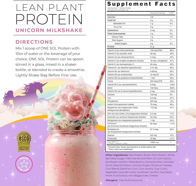 One Sol Lean Plant-Based Protein Powder, Pea & Brown Rice Protein, Low Carb, Vegan Friendly - Gluten, Lactose, & Soy Free - No Added Sugar, Non-GMO, Clean Nutrition, No Bloating (Unicorn Milkshake)