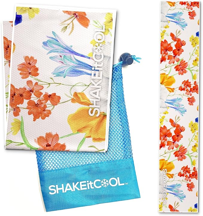 SHAKEitCOOL Original Cooling Towel โ Be Cool in Style - Heat Relief, Soft, Lightweight, Sun Protection, Easy Clean - Perfect for Biking, Running, Yoga, Gym, Gardening - Flower
