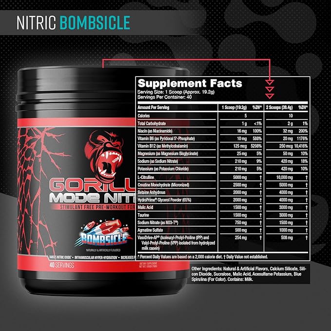 Gorilla Mind - Gorilla Mode Nitric Upgraded Stimulant Free Pre-Workout – Best Tasting and Most Effective Stimulant Free Pre-Workout/Massive Pumps · Vasodilation · Power / 768 Grams (Bombsicle)