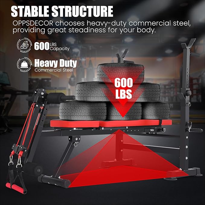 OPPSDECOR 6 in 1 Adjustable Weight Bench with Squat Rack and Removable Foot Bracket, 600lbs Bench Press Set Workout Bench with Weight Storage Sit up Incline Flat Decline Strength Training for Home Gym