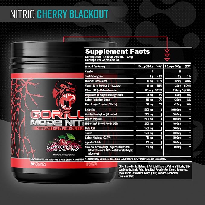 Gorilla Mode Nitric Upgraded Stimulant Free Pre-Workout – Best Tasting and Most Effective Stimulant Free Pre-Workout/Massive Pumps · Vasodilation · Power / 776 Grams (Cherry Blackout)