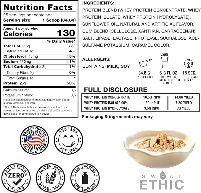 Sweat Ethic Whey'd Protein Powder, 25 G Whey Protein Blend with Concentrate, Isolate & Hydrolysate, Low Lactose & Digestive Enzymes for Easy Mixing & Smooth Texture, Cinnamon Cereal Milk, 25 Servings