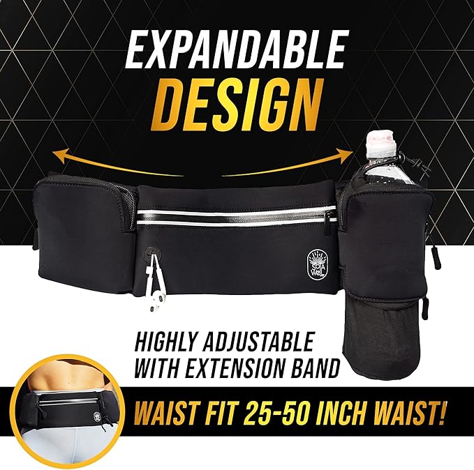 Running Belt with Water Bottle Holder - Waist Bag With Extender for Jogging, Hiking, Cycling, Walking - Dog Walker Hydration Fanny Pack - Sport Pouch iPhone Carrier for Women and Men - Black