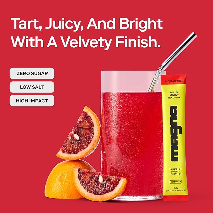 MAGNA Electrolyte Powder Drink Mix for Hydration, Energy & Focus Support with Magnesium L Threonate, Sodium, Potassium, Vitamin D, B6 & B12, Sugar Free, Blood Orange Flavor, 28 Servings