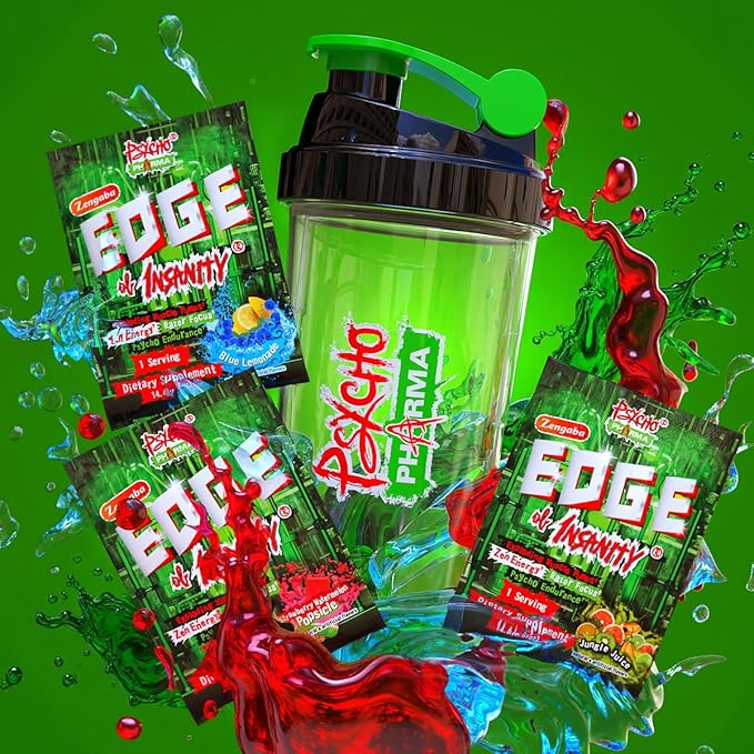 Psycho Pharma Edge of Insanity Pre Workout – Strongest High Stim Powder for Intense Pumps, Strength, Energy & Focus – 3 Sample Flavors + Free Shaker Cup (Jungle Juice, Blue Lemonade, Strawberry)