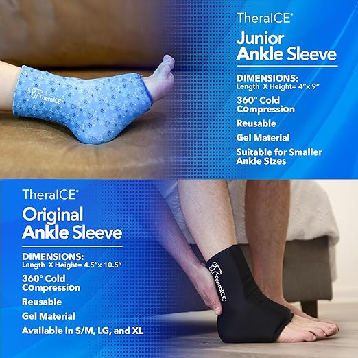 TheraICE Junior Ankle Ice Pack Wrap for Swelling, Reusable for Sprained Ankle Injuries, Cold Therapy Sock Compression, Plantar Fasciitis Relief, Achilles Tendonitis, Sore Feet, Foot & Heel (X-Small)