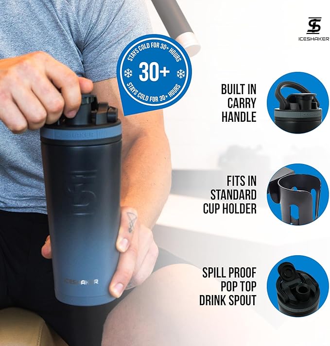 Ice Shaker Insulated Stainless Steel Shaker Bottle | 26oz, Grey Color Rush | Cold for 24+ Hours | Insulated Cup with Twist-on Agitator | Odor-Free Bottle for Shakes, Water, Smoothies, Cocktails