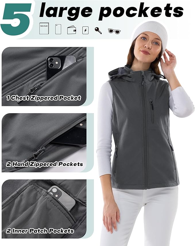 Outdoor Ventures Women's Hooded Lightweight Softshell Vest, Windproof Fleece Lined Sleeveless Jacket for Golf Running Travel