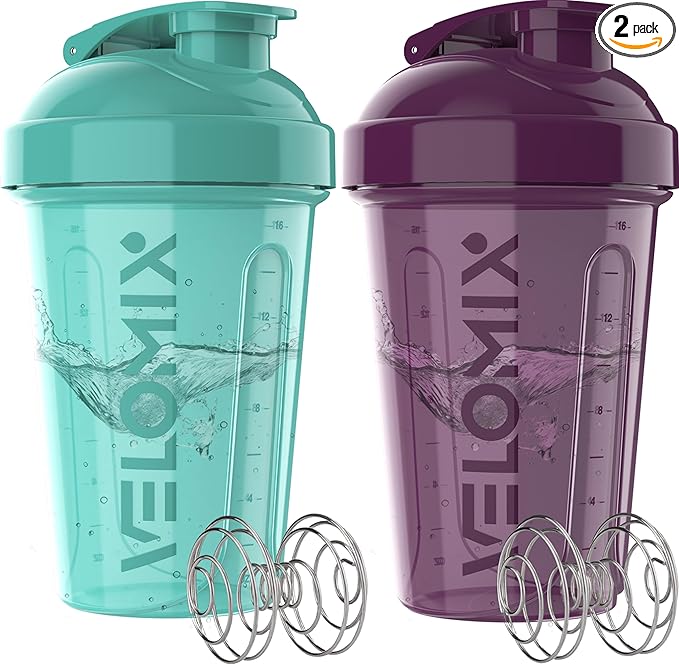 VELOMIX -2 Pack- 20 oz Protein Shaker Bottles for Protein Mixes - 2x Wire Whisk | Leak Proof Shaker Cups for Protein Shakes and Pre Workout | Protein Shaker Bottle Pack (Midnight Aqua)