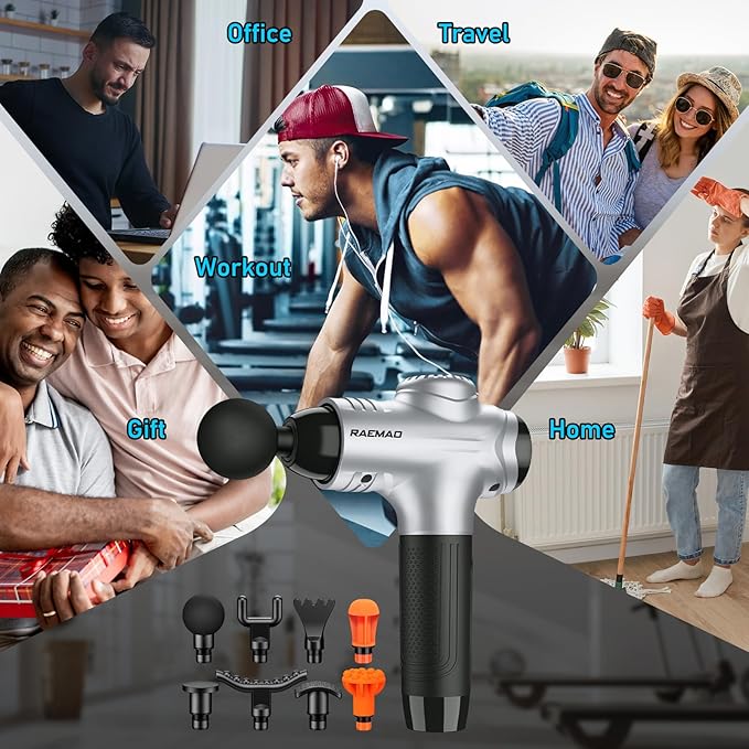 RAEMAO Massage Gun, Handheld Electric Deep Tissue Muscle Massager for Athletes for Pain Relief Attaching 8 Replacement Heads, Percussion Massager with 10 Speeds, Father's Day Gifts, Silver