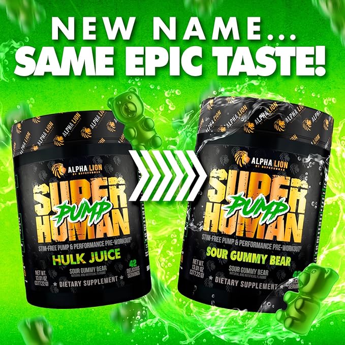 ALPHA LION Superhuman Pump Pre Workout Powder, Nootropic Caffeine & Stim Free Preworkout Supplement, Nitric Oxide Booster, Muscle Gainer, Energy & Focus (42 Servings, Sour Gummy Bear)