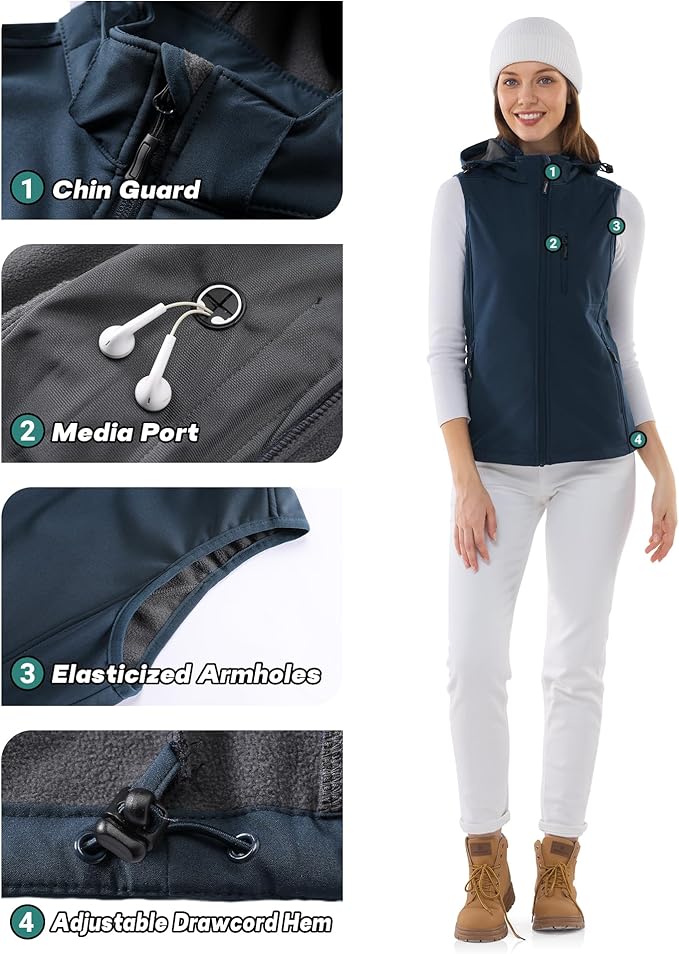 Outdoor Ventures Women's Hooded Lightweight Softshell Vest, Windproof Fleece Lined Sleeveless Jacket for Golf Running Travel