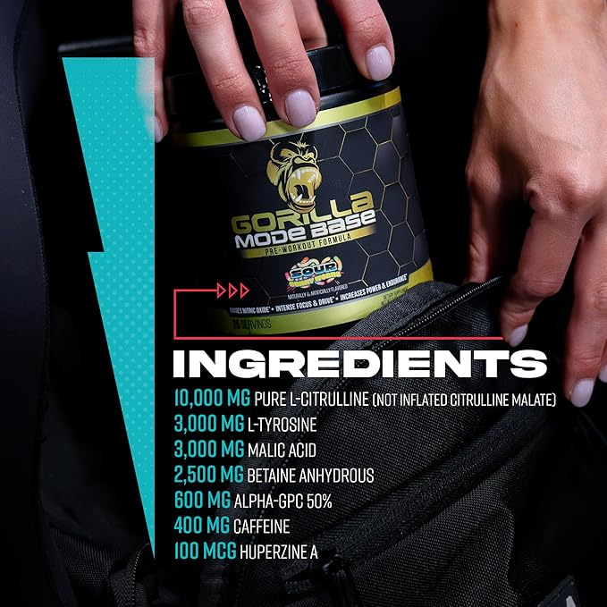 Gorilla Mind Base Pre Workout - Raises Nitric Oxide Intense Focus & Drive Endurance Power - L-Citrulline, L-Tyrosine, Betaine, Alpha-GPC, Caffeine, Huperzine A - 360 Grams (White Gummy Bear)