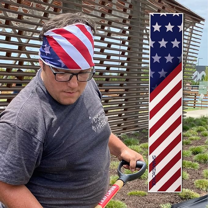 SHAKEitCOOL Original Cooling Towel โ Be Cool in Style - Heat Relief, Soft, Lightweight, Sun Protection, Easy Clean - Perfect for Biking, Hiking, Running, Yoga, Golf, Gym, Baseball - Stars & Stripes