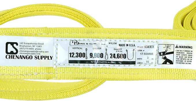 3 Ply Slings. Many Lengths in Listing! (USA Made), 3" x16' Nylon Lifting Web Sling. 12,300 lbs Vertical, 9,900 Choker, 24,600 Basket, High Capacity Eye & Eye (3" x16')