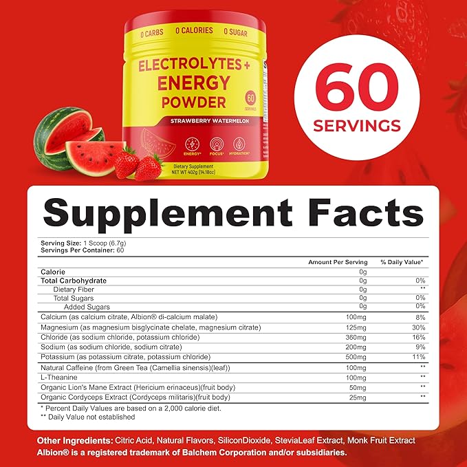 Keto Vitals Energy Powder + Electrolytes with 100mg Natural Caffeine, L Theanine & Organic Lion's Mane Extract - 60 Servings Energy Drink Powder for Workouts - Sugar Free Electrolytes