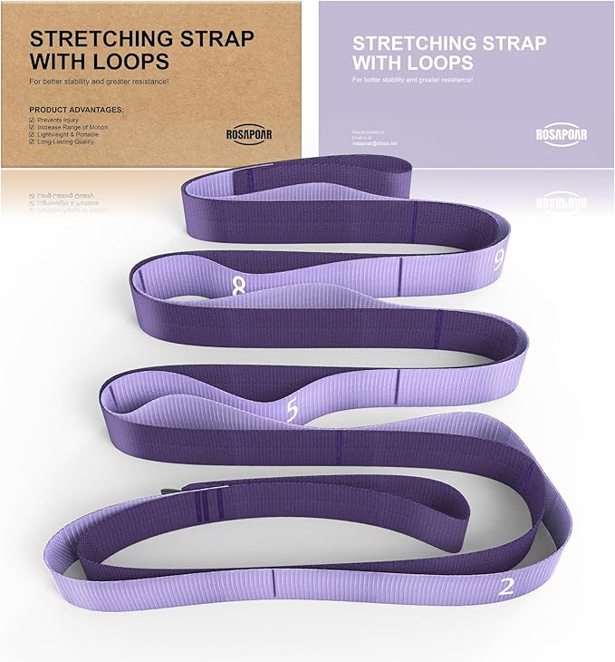 ROSAPOAR Stretching Strap with Loops - Non Elastic Yoga Straps for Physical Therapy, Durable Stretch Bands for Exercise, Flexibility Training, Hamstring & Leg Stretcher, Yoga/Pilates/Gymnastics