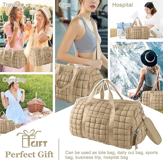 Quilted Travel Duffle Bag Gym Bag for Women,Large Puffer Duffle Weekender Bag with Compartment,Workout Overnight Carry on Organizer Bag Duffle Bag for Airplane Travel(L-Khaki)