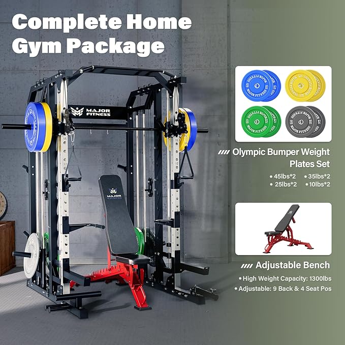 Major Fitness Drone2 Smith△ Machine – All-in-One Home Gym Squat Rack with Weight Bar, Dual LAT Pull-Down Systems & Cable Crossover Machine for Full-Body Workouts