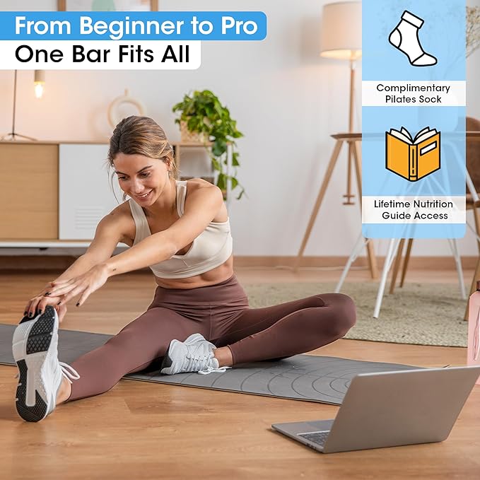 Stretched Fusion Pilates Bar Kit for Home Workouts | Portable Home Pilates Kit Set for Women & Men | Workout Bar for Legs, Hip, Waist and Arm | Includes Pilates Socks, 30-Day Challenge & Meal Plan