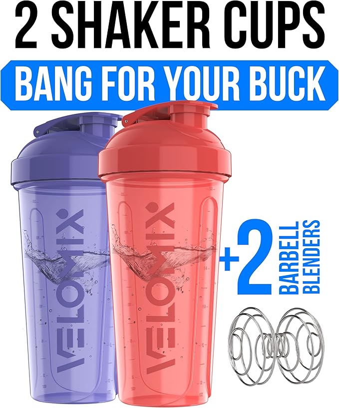 VELOMIX -2 Pack- 28 oz Protein Shaker Bottles for Protein Mixes - 2x Wire Whisk | Leak Proof Shaker Cups for Protein Shakes and Pre Workout | Protein Shaker Bottle Pack (Pink/Purple)