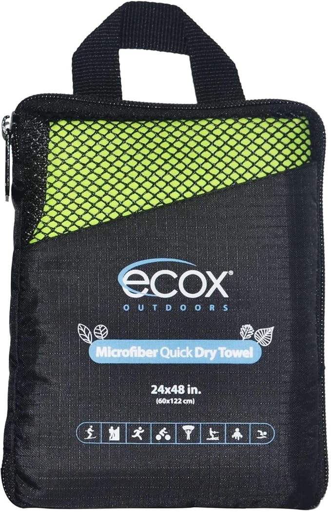 ecox Outdoors Microfiber Towel Fast Drying Soft Feel Fast Action Drying for Gym Beach Outdoors Travel Yoga Camping Compact Size 1 Piece 24x48 in Green MFT1P24G