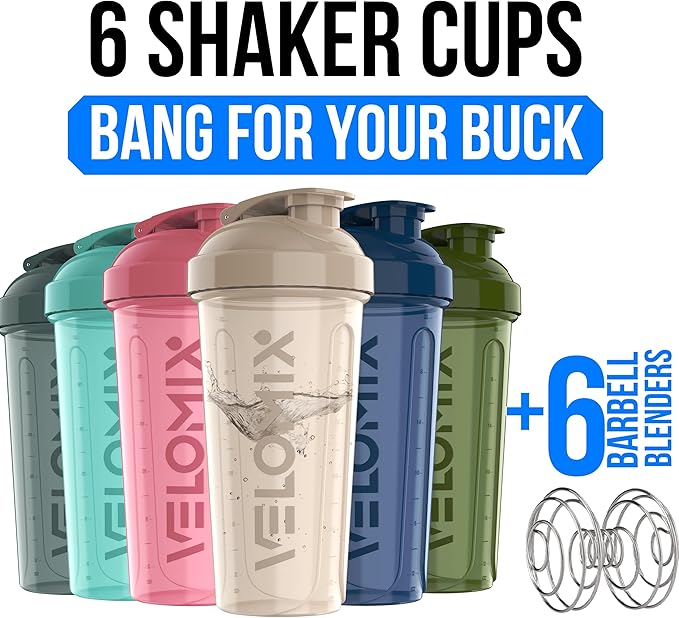 VELOMIX -6 PACK- 28 OZ Protein Shaker Bottles for Protein Mixes, Shaker Cups for Protein Shakes, Small Shaker Bottle Pack, Shaker Cup, Shakers for protein Shakes (Most Popular)