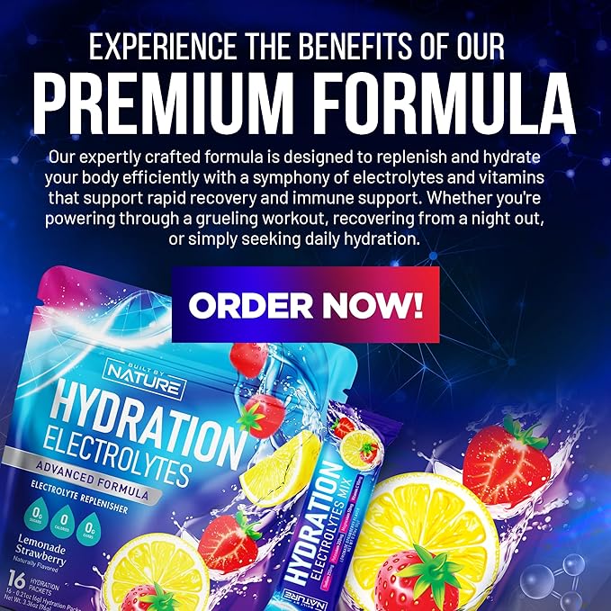 Electrolytes Powder Hydration Packets – Recovery Drink Mix with Sodium, Potassium, Magnesium, Calcium, Vitamin C & Zinc – Sugar Free, Keto, Non GMO & Vegan – Strawberry Lemonade – 16 Sticks