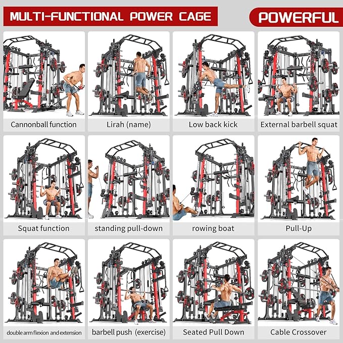 Smith Machine with Cable Crossover System, Multi-Function Squat Rack Power Cage for Home Gym, Power Rack and Packages Weight Sets