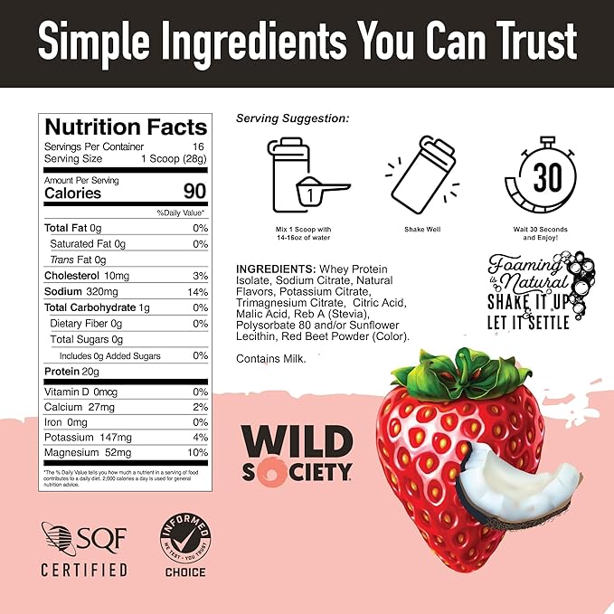 WILD SOCIETY - Clear Whey Protein + Electrolytes - Refreshing Whey Protein Isolate Powder - 20g Protein, 0 Added Sugar, GMO-Free, Natural Flavors & Colors - Strawberry Coconut, 16 oz