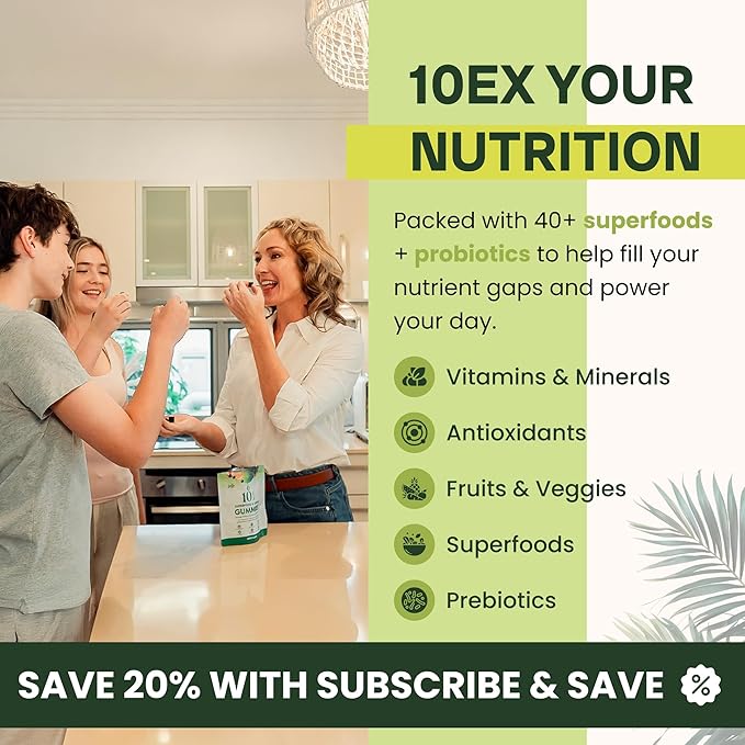 10ex Supergreens Gummies w/Probiotics. 40 Superfoods & Super Greens. 10x More Nutrients. Multivitamins & Antioxidants from Whole Foods. Healthy Snacks for Adults. Keto, Low Carb, Low Calorie Snacks.
