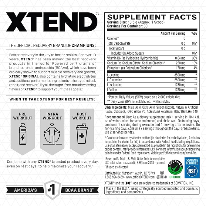 Xtend XTEND Original BCAA Powder 7g BCAA and 2.5g L-Glutamine, Sugar Free Post Workout Muscle Recovery Drink with Amino Acids for Men & Women, 30 Servings