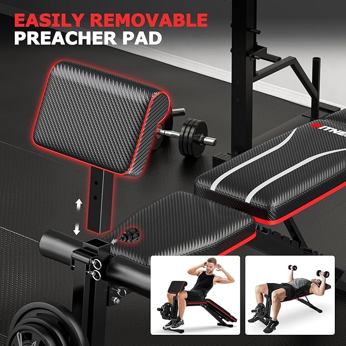 Fostoy Foldable Workout Bench Press, Adjustable Weight Bench for Home Gym, 800LB Multi Functional Gym Bench w/Leg Extension &Preacher Pad, Extra Headrest, Fast Folding Strength Training Incline Sit up Bench