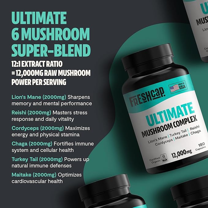 FreshCap Ultimate Mushroom Supplement 12,000mg - Nootropic Complex Capsules, Organic Mushroom Immune Support, Brain Supplements for Memory and Focus, Ayurveda Nootropic (180 Capsules)
