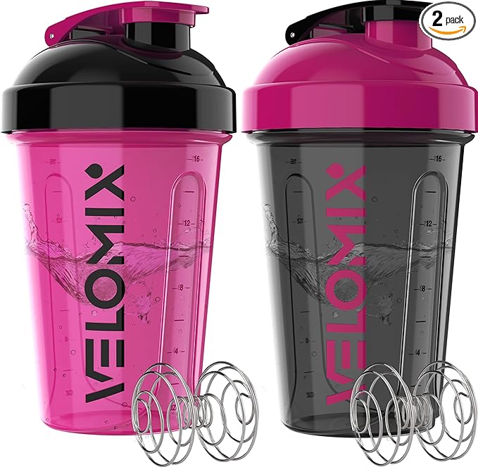 VELOMIX -2 Pack- 20 oz Protein Shaker Bottles for Protein Mixes - 2x Wire Whisk | Leak Proof Shaker Cups for Protein Shakes and Pre Workout | Protein Shaker Bottle Pack (Black/Pink)