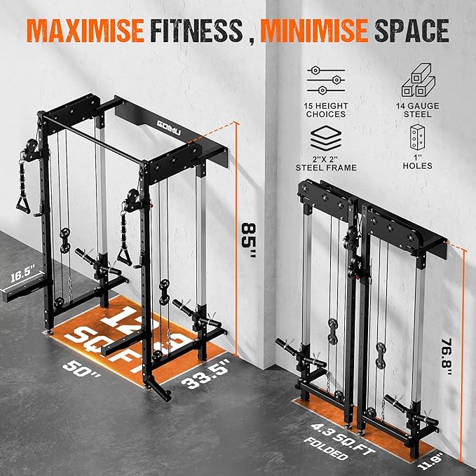 WM3-V4 Folding Squat Rack, Wall Mounted Power Rack with Dual Independent Pulley System, Functional Trainer with 5 Adjustable Function Modes for Space Saving