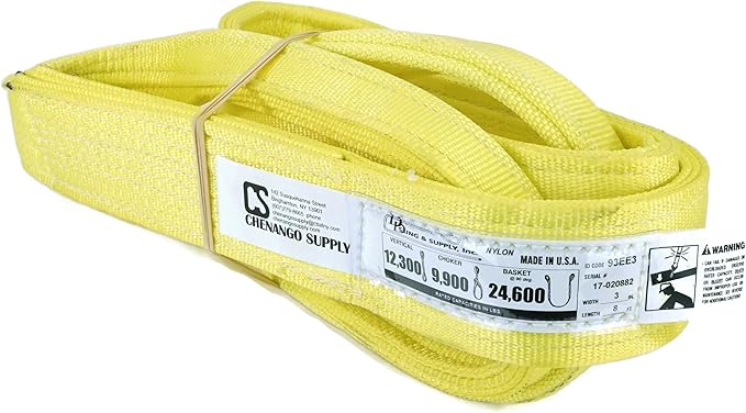 3 Ply Slings. Many Lengths in Listing! (USA Made), 3" x8' Nylon Lifting Web Sling. 12,300 lbs Vertical, 9,900 Choker, 24,600 Basket, High Capacity Eye & Eye (3" x8')