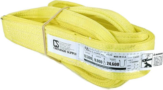3 Ply Slings. Many Lengths in Listing! (USA Made), 3" x8' Nylon Lifting Web Sling. 12,300 lbs Vertical, 9,900 Choker, 24,600 Basket, High Capacity Eye & Eye (3" x8')