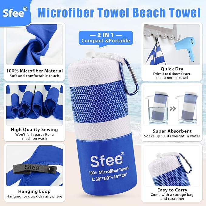 Sfee 2 in 1 Microfiber Oversized Beach Towel, Quick Dry Towel Travel Camping Towel Super Absorbent Compact Lightweight Sports Gym Towels for Beach,Gym, Hiking, Pool, Backpacking, Bath, Yoga