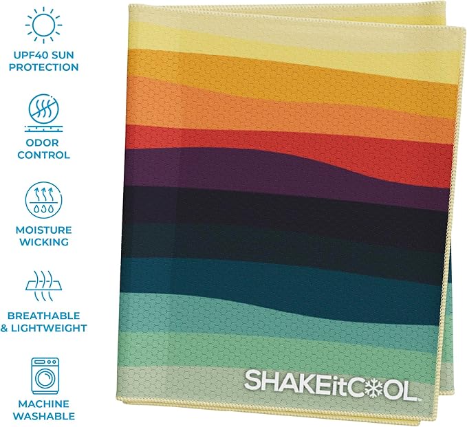 SHAKEitCOOL Extended Size Cooling Towel โ Be Cool in Style - Heat Relief, Soft, Lightweight, Sun Protection, Easy Clean - Perfect for Biking, Hiking, Running, Yoga, Golf, Gardening - Sunset Wave M